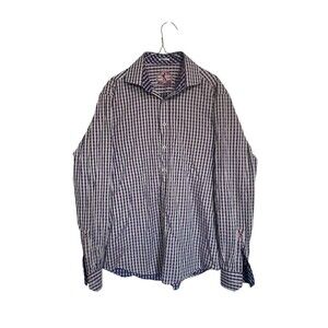 BUGATCHI‎ M Red and Blue Check Plaid Square Button Long Sleeve Shirt